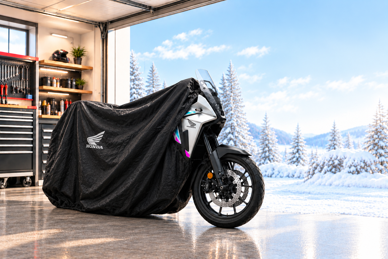 Ein Abgedecktes Motorrad vor einem Fenster mit schönem Winterlandschaft